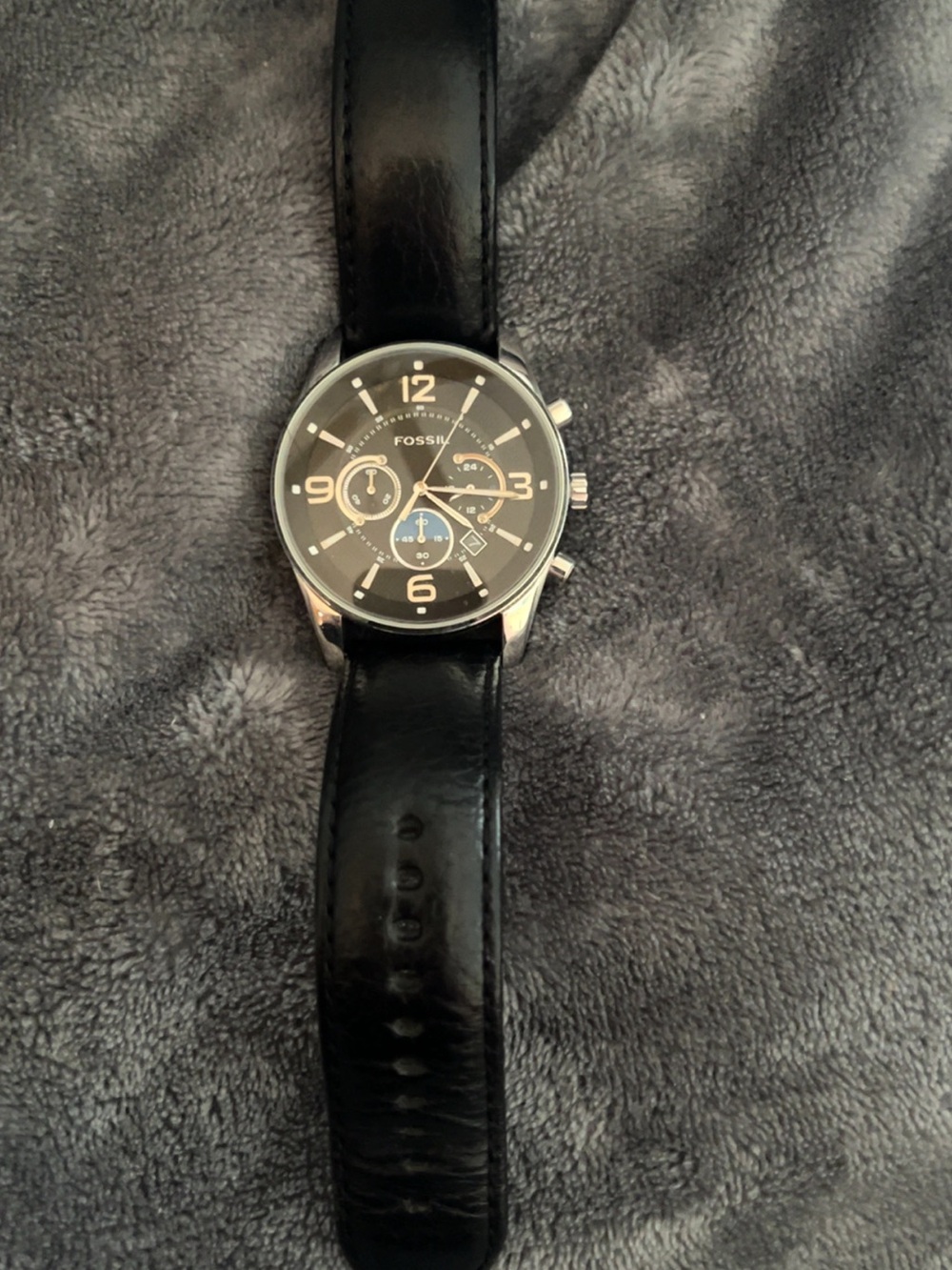 Fossil Men Chronograph FS-4387 Silver Case Black Leather Analog Watch